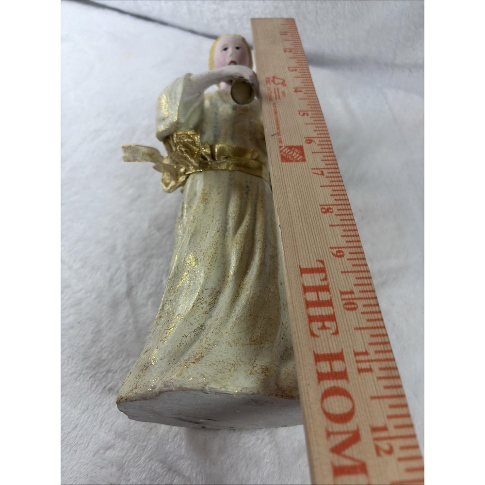 Vintage 90s Christmas Angel Figurine Playing Horn Gold & Cream Decor Solid Resin - Picture 8 of 10